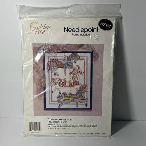 Carousel Horses‎ Needlepoint Kit Golden Bee Frame Included Nursery Girls Decor - Picture 4 of 5
